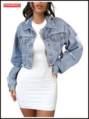 Cropped Denim Jacket Frayed Raw Hem Button Down Long Sleeve
